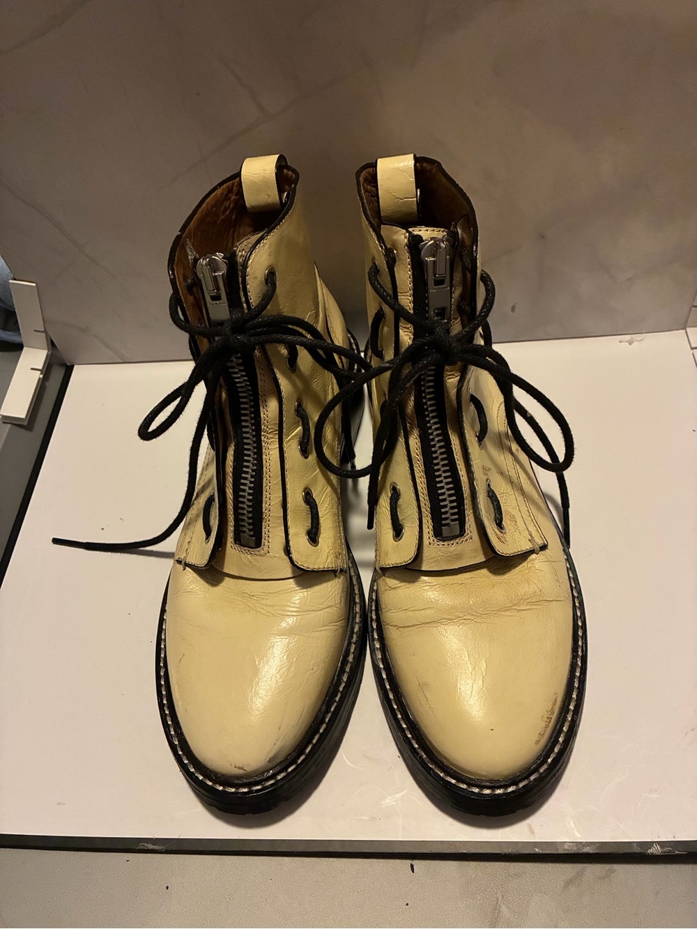 rag & bone Cream Leather Combat Boots with Black Laces